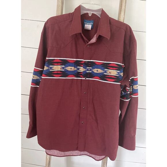 VTG 90s Mens Wrangler Aztec Western Rare Red Snap Button Shirt LS Rodeo Sz XL - Picture 1 of 9